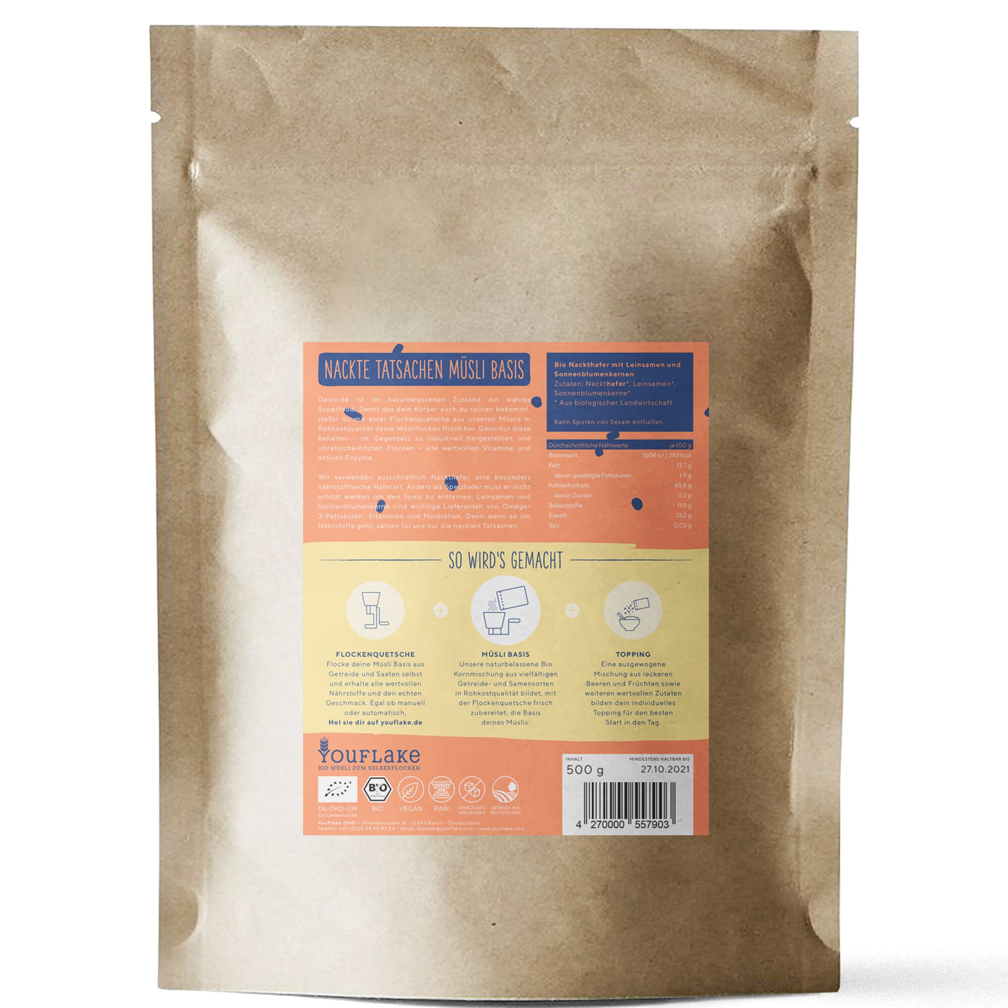 YouFlake Nackte Tatsachen Müsli Basis 2,5 kg Back