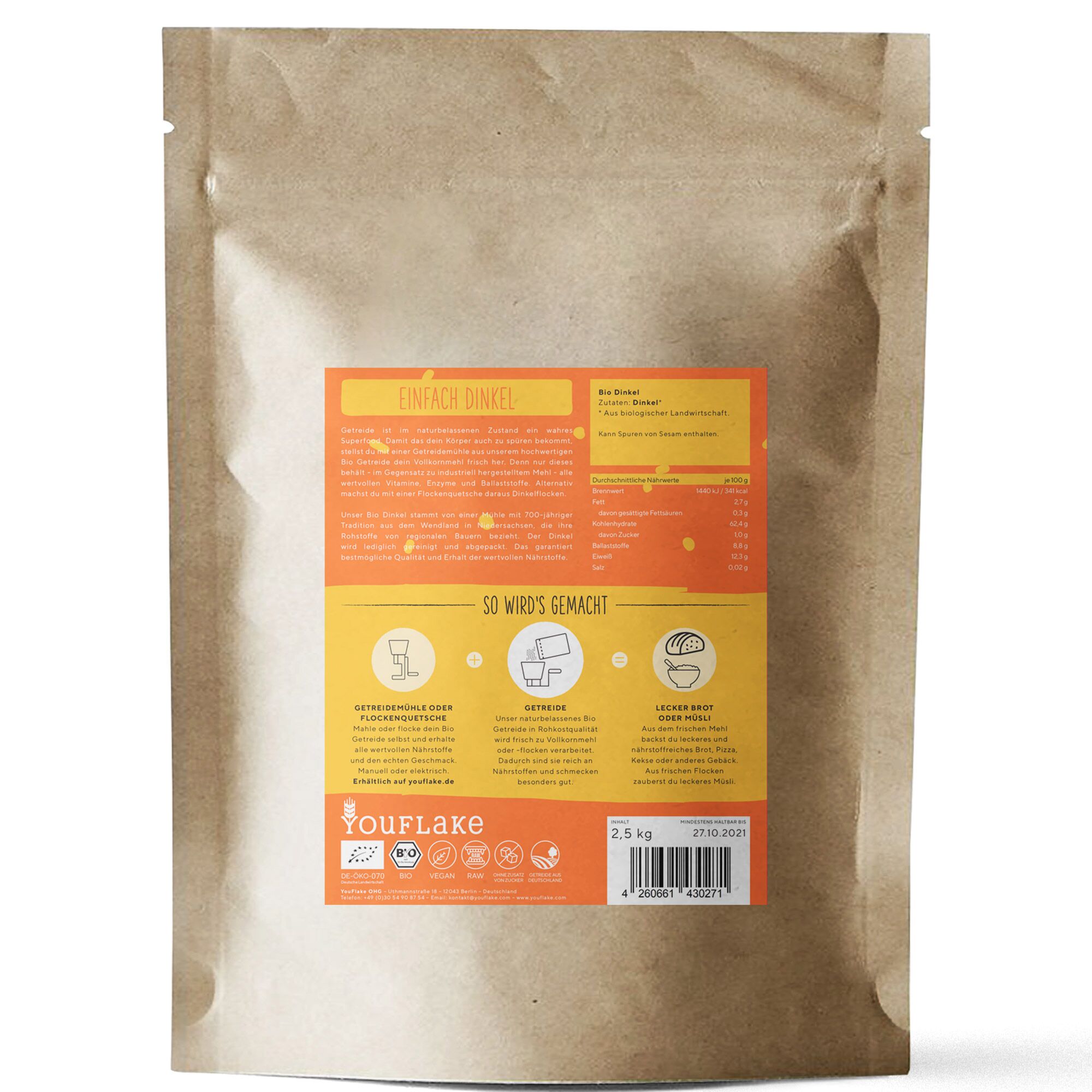 YouFlake Einfach Dinkel BIO Getreide 2,5 kg Rückseite