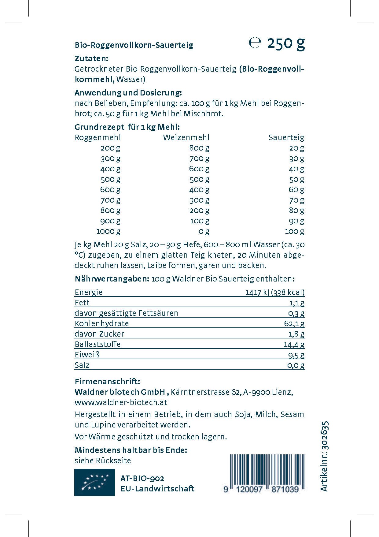 Bio Roggenvollkorn-Sauerteig 250 g Rückseite